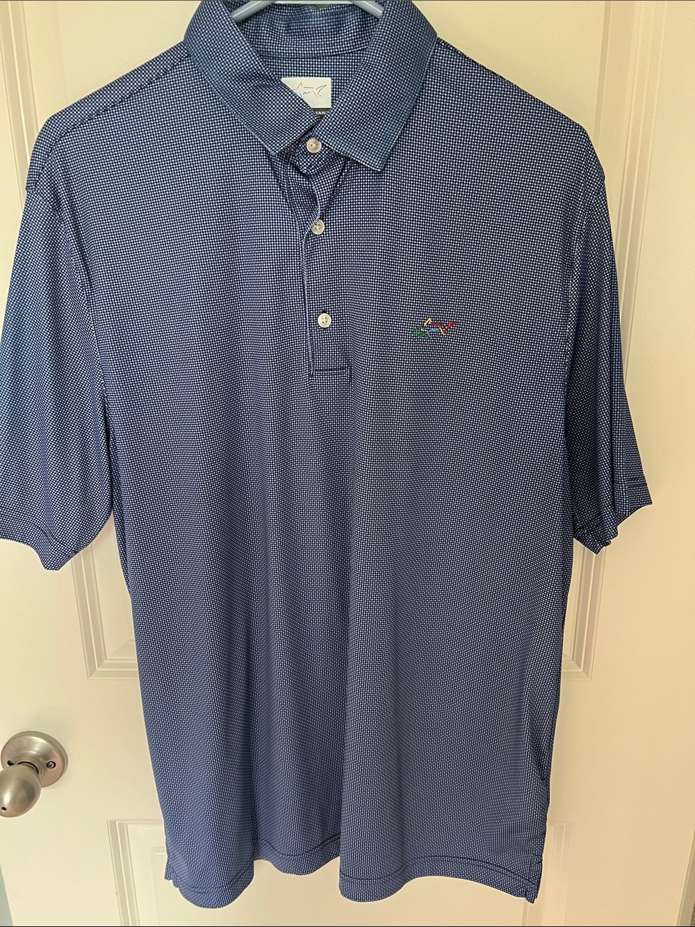 Greg Norman Collection Men's Navy Micro-Dot Polo with Multicolor Shark Logo